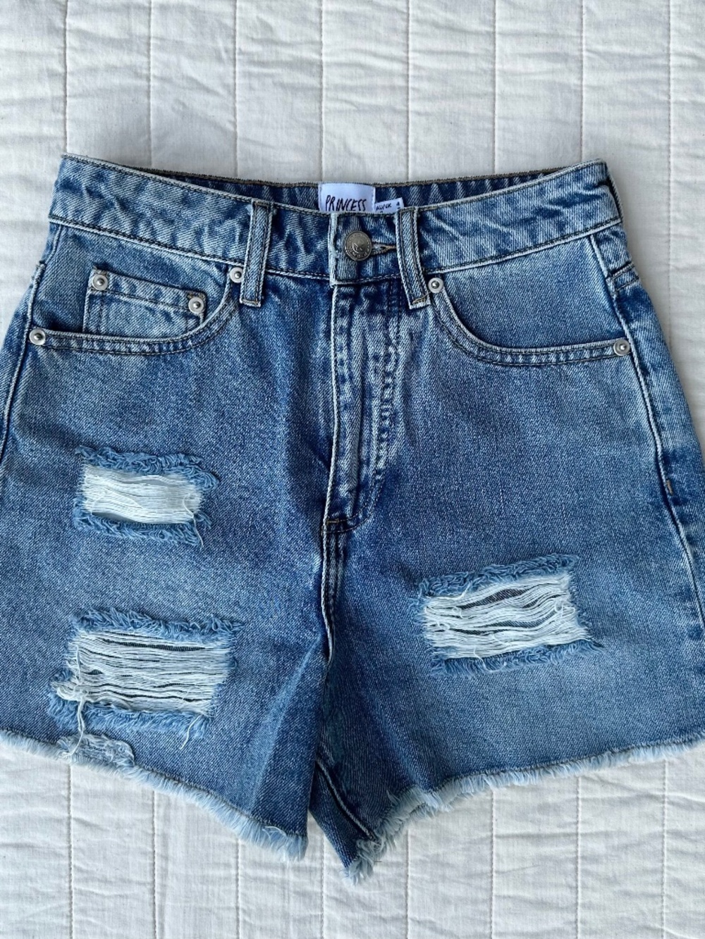Princess Polly High Waist Ripped Denim Shorts | Light Wash | Size US 0